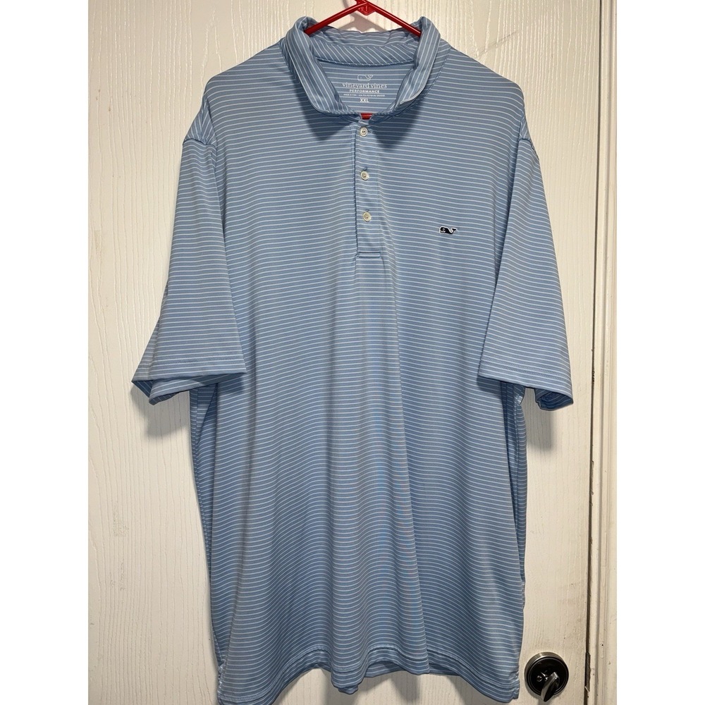Vineyard Vines Polo Shirt Mens XXLarge White Blue Striped Performance Whale Logo